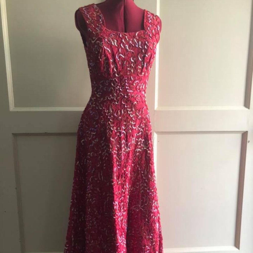 Red, AB sequined A-line gown